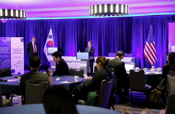 현지시간 29일 오전 미국 워싱턴 `싱크탱크 컨퍼런스`에서 김동연 경기도지사가 기조연설을 하고 있다.