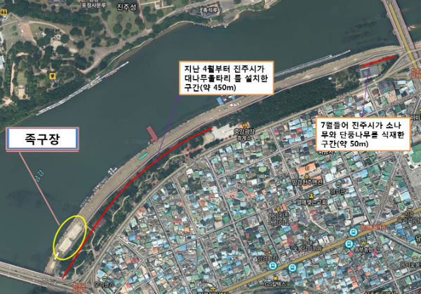 진주시가 가림막용 대나무울타리 설치이유로 밝힌 족구장은 천수교와 인접해 있고, 울타리가 설치된 대부분의 구간중 극히 일부에 지나지 않음을 위성도를 통해 확인할 수 있다.