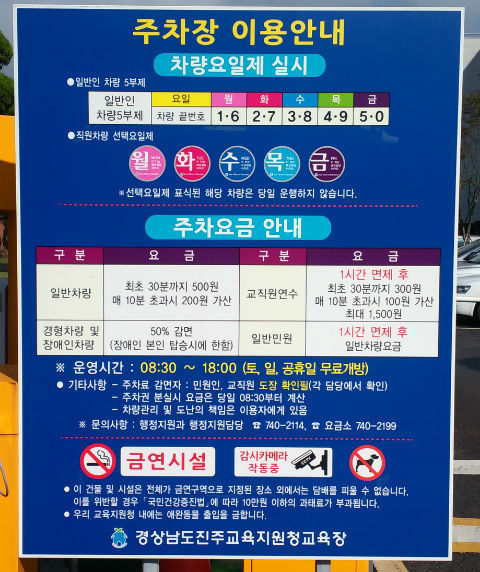 진주시 대안동 소재 진주교육지원청 주차장 입구에 설치된 주차관련 안내 표지판/ 사진=진주교육지원청