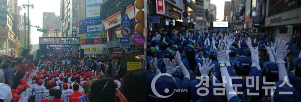 3일 서면 쥬디스태화에서 열린 자유한국당 서병수 후보 유세 현장(왼쪽), 2일 서면에서 열린 더불어민주당 오거돈 후보 유세현장(오른쪽)