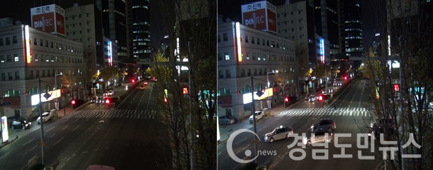투광기 설치 전(왼쪽), 투광기 설치 후(오른쪽).(사진/부산시)