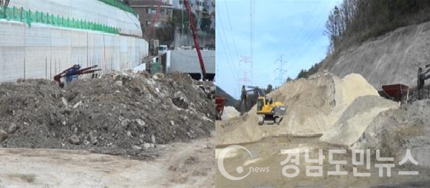 공사장 야적물질 방진덮개 미설치(왼쪽), 골재판매업 야적물질 방진덮개 미설치(오른쪽). (사진/부산시)