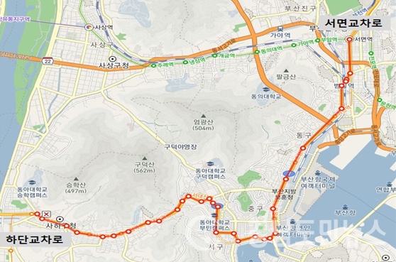 서면교차로에서 하단교차로까지(16km) 조사구간 노선도.(사진/부산시)