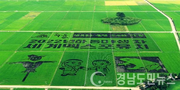 소설 의 무대 악양 평사리 들판(일명 무딤이들)이 2022년 하동야생차 세계엑스포의 성공적인 유치를 기원하는 들녘아트로 거듭나 눈길을 끈다.(사진/하동군)