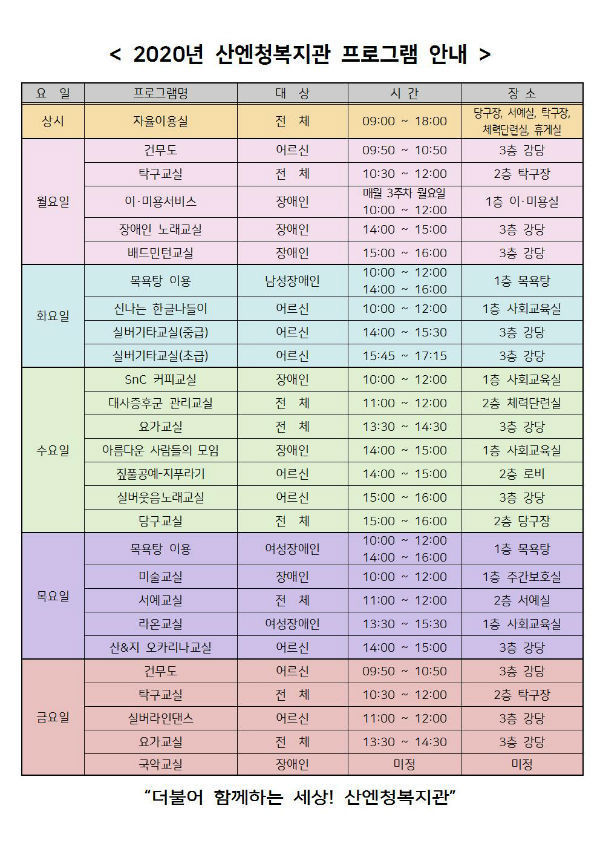 산청군 노인 장애인 전문 복지관 산엔청복지관은 2020년도 교육 프로그램 이용자를 오는 31일까지 모집한다고 9일 밝혔다.