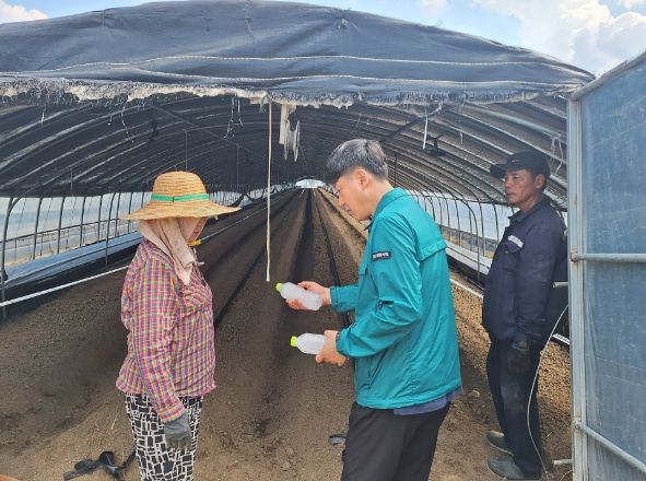이명기 상남면장이 농작업 현장을 방문해 농업인 폭염 시 행동 요령을 전파하고 있다
