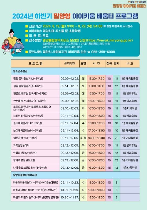 밀양 열린 공간 아이키움 배움터, 하반기 프로그램 신청자 모집