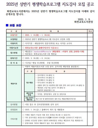 2025 상반기 평생학습프로그램 지도 강사 공개모집 공고문