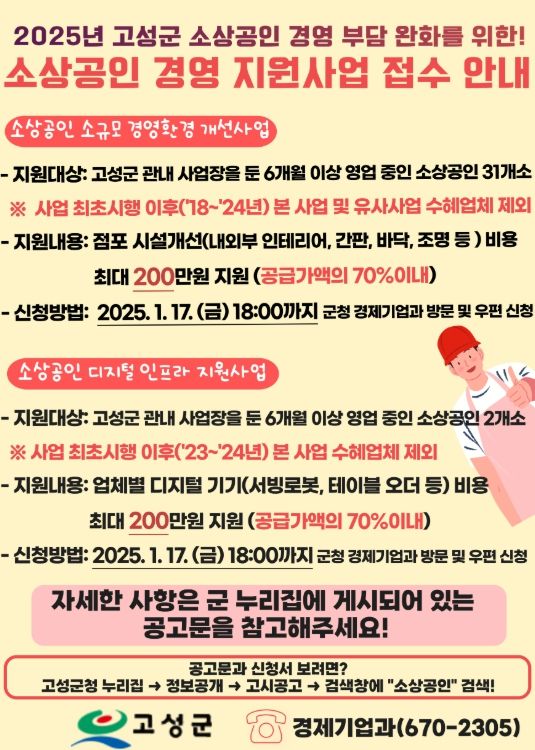 2025년 소상공인 소규모 경영환경 개선사업 및 디지털 인프라 지원사업 신청 접수
