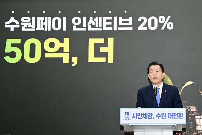이재준 수원시장이 2025년 신년브리핑에서 지역경제 활성화를 위해 수원페이 인센티브 50억원을 추가 지급한다는 내용을 발표하고 있다.