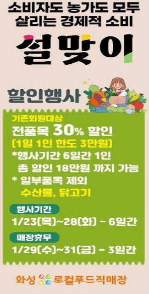 화성로컬푸드직매장, 소비자도 농가도 모두 살리는 ‘설맞이 30% 할인행사’ 진행