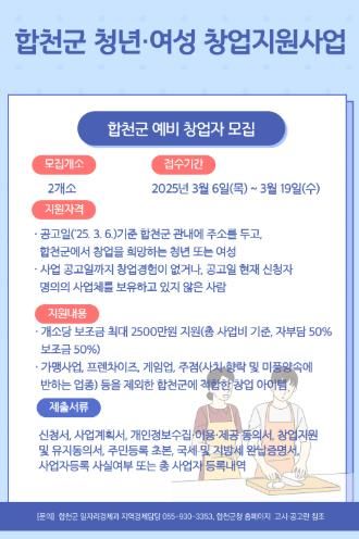 합천군 청년·여성 창업지원사업 지원자 모집