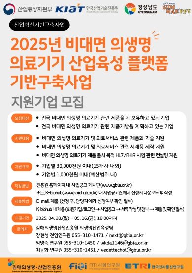 김해의생명산업진흥원, 2025년도 비대면 의생명 의료기기 산업육성을 위한 수혜기업 모집