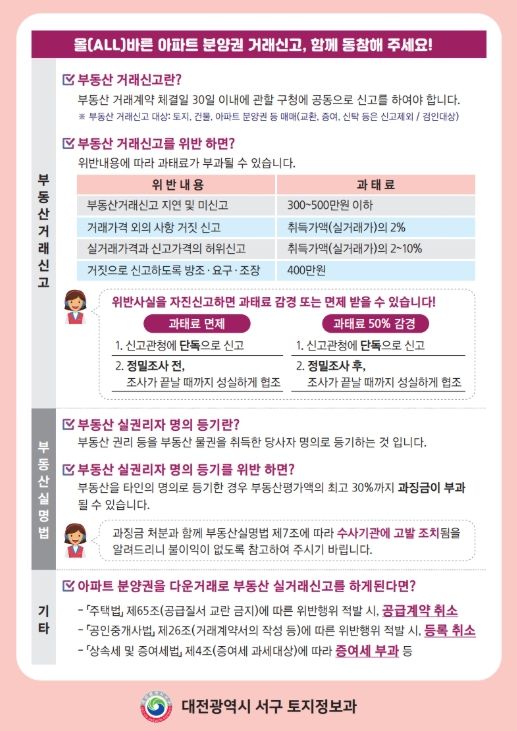 대전 서구, 분양권 거래 신고 집중 홍보