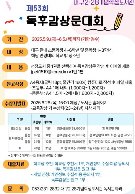 대구2·28기념학생도서관,‘제53회 독후감상문대회’개최