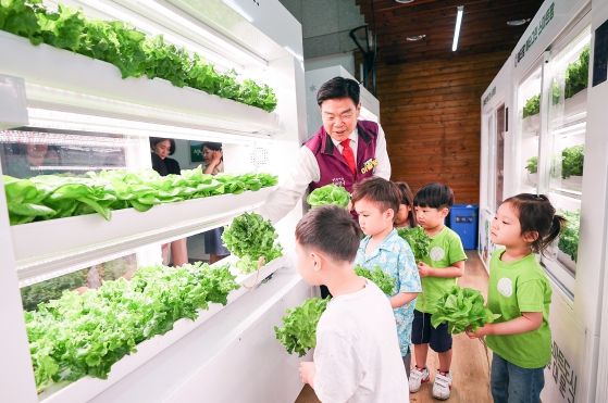 어린이들이 스마트팜에서 재배하는 채소를 관찰하는 모습