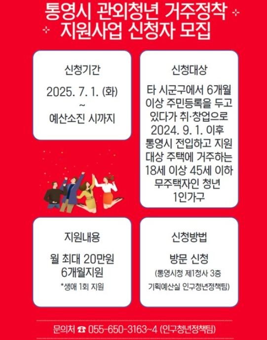 통영시, 관외청년 거주정착 지원사업 신청자 모집