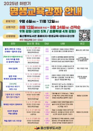 울산동부도서관, 초등생‧성인 대상 평생교육 강좌