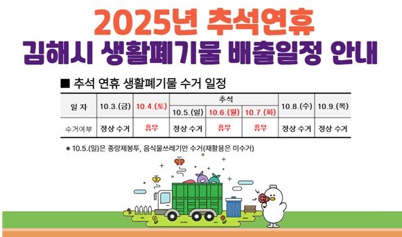 추석 연휴 생활폐기물 수거일정 안내