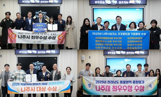 나주시가 2025년 한 해 동안 각종 평가에서 46개의 표창을 받으며 ‘현장·실행 중심의 혁신 행정’의 성과를 입증했다. 왼쪽 상단부터 시계방향으로 ‘2025 전라남도 농수산식품 수출 우수 시군 평가’ 3년 연속 최우수상, ‘2025 보건복지 분야 평가’ 4관왕, ‘2025 전라남도 동물방역 종합평가 3년 연속 최우수상. ‘2025 AI지자체성장포럼 및 지방자치콘텐츠대상’ 문화관광부문 대상 수상.