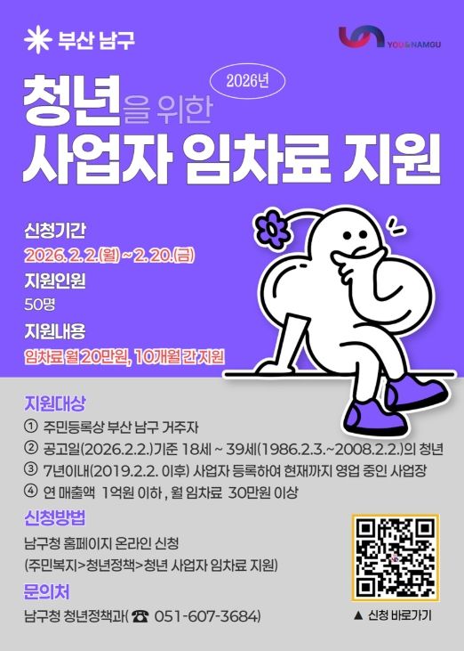 부산 남구, 2026년 청년 사업자 임차료 지원사업