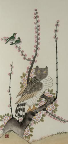 광양시 제25회 광양매화축제서 엄재권 화백 민화 특별전 개최 관광과(부엉이와 매화).