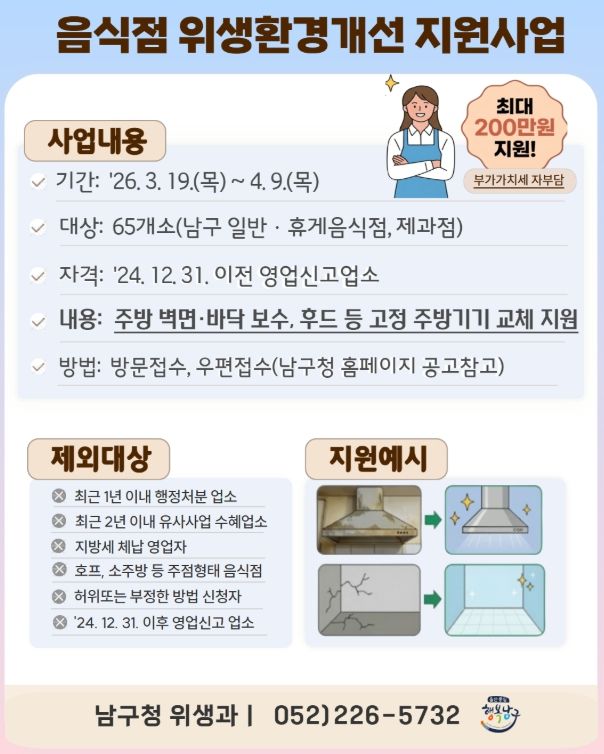 남구 음식점 위생환경개선 최대 200만원 지원